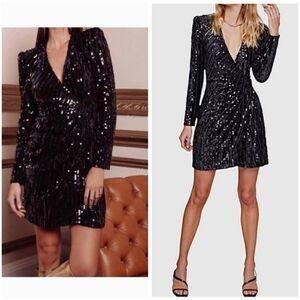 NEW ASTR the Label Paris Velvet Black Sequin Wrap Mini Dress, Sz S